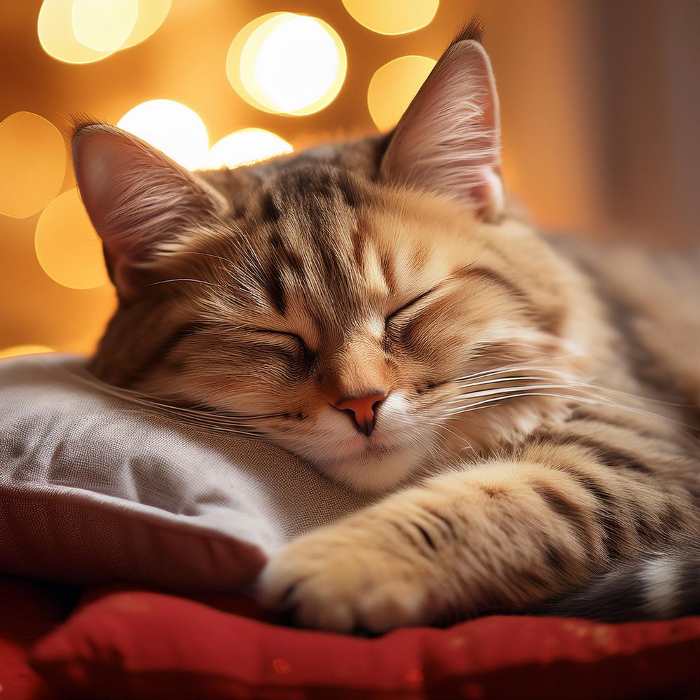 a cat sleeping on a pillow