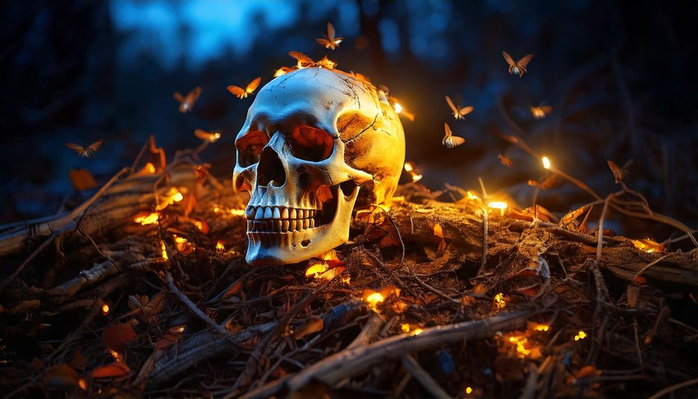 Firefly sinister colorfull fireflies sitting on a pile of bones and a skull close-up, macro, dramati.jpg