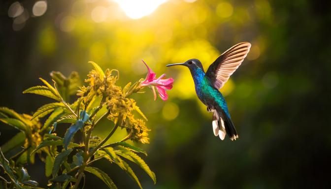 Firefly a blueish colibri with fast beating wings hovering at a flower in a sunlit rainforest. 41329.jpg