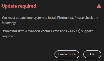 Windows 10 / unable to update Photoshop 26.0 / AVX - Adobe