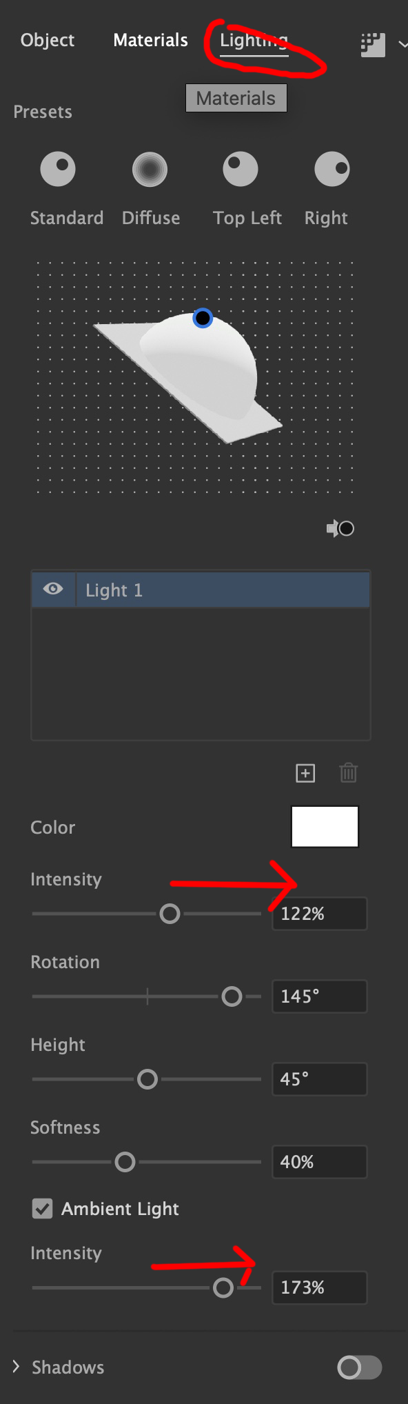 Re 3D and materials how to modify the shadow si... Adobe Community