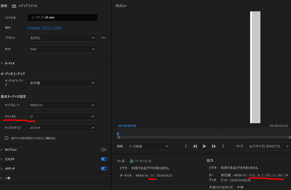 WAV書き出しの例です。納品の際にはチャンネルアサインにご注意ください。
