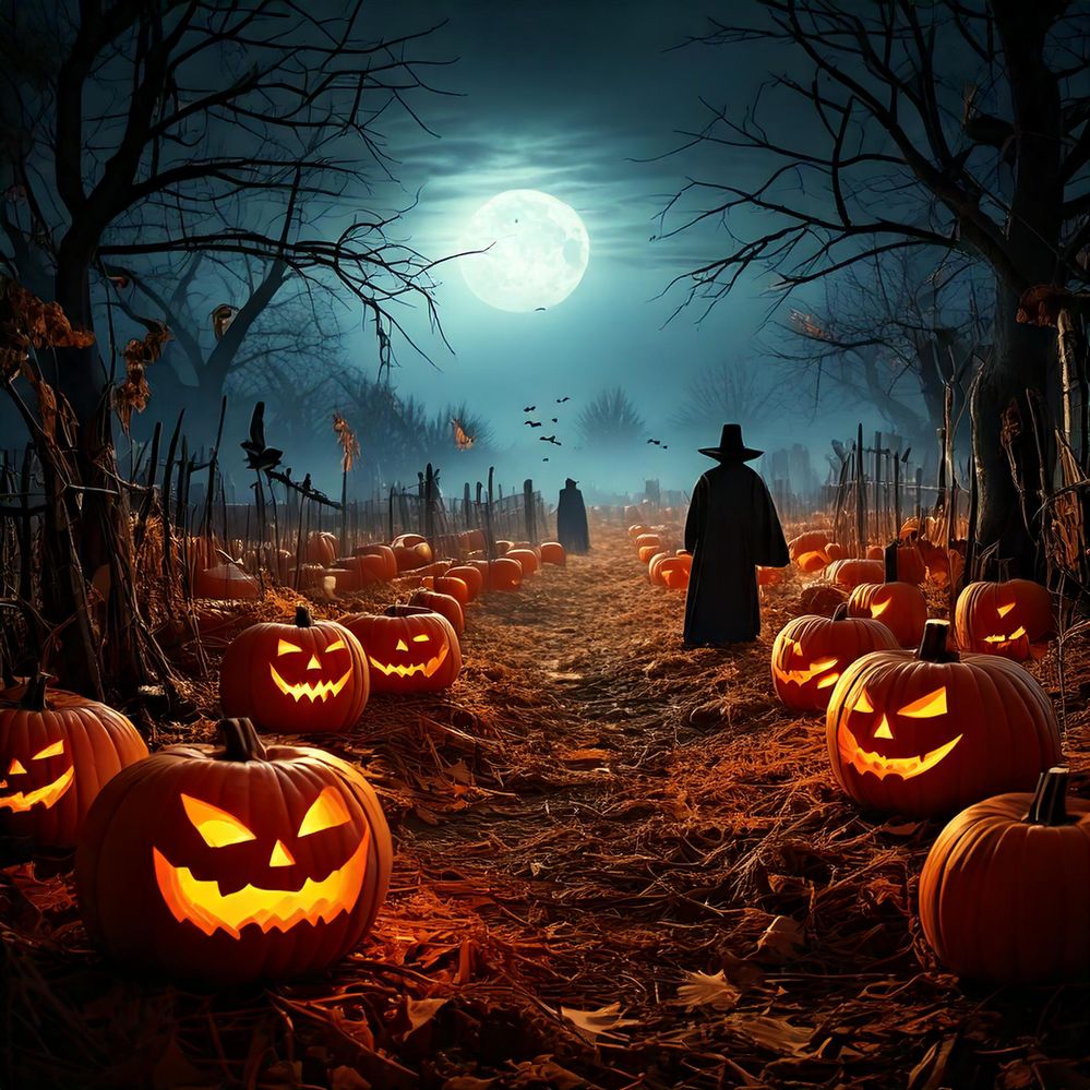 Firefly Illustrate a spooky pumpkin patch at night, with jack-o’-lanterns glowing ominously. Include.jpg