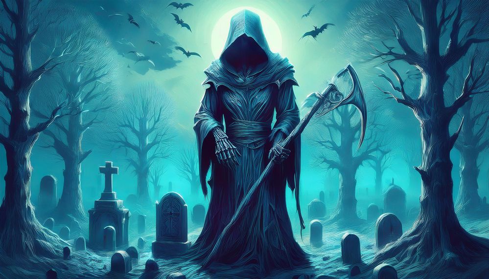 Firefly Neoplasticism painting of the grim reaper in a graveyard , silver and aquamarine with bright (1).jpg