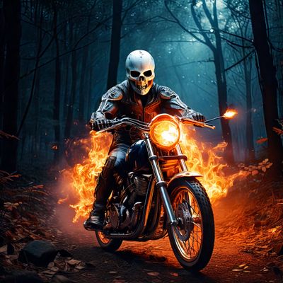 Firefly spooky scene with burning rider on a motorbike golding a scull, in front of a dark forest, g.jpg