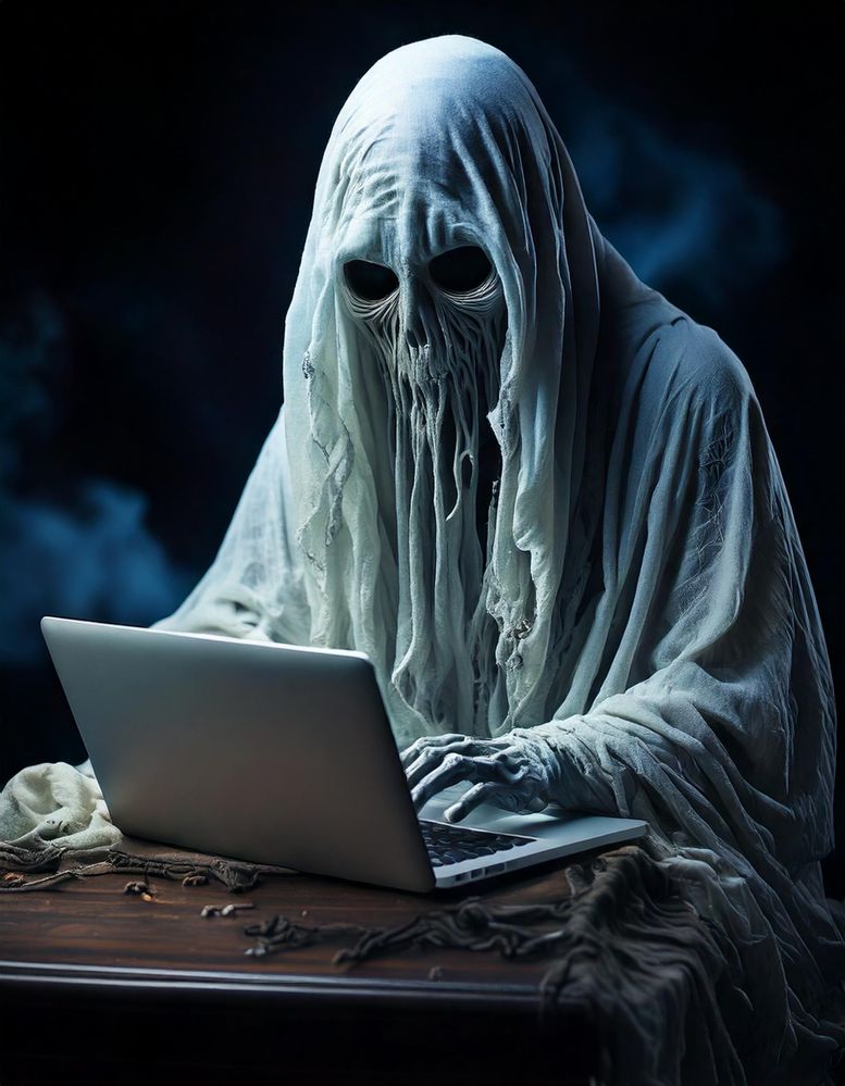 Firefly A spooky ghostly figure using a laptop, photorealistic, highly detailed, high contrast 4573.jpg