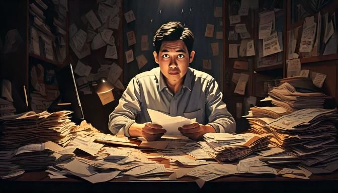 Firefly a man sitting on a desk so scared with lots of bills and due date payments in a haunting bac.jpg