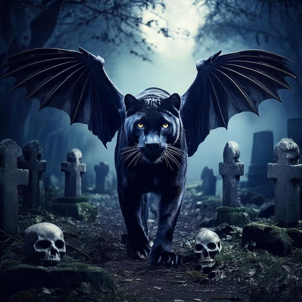 Firefly Ominous black panther with bat style wings walking in a Celtic graveyard at midnight; fantas.jpg