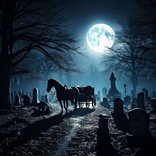 Firefly a darkly lit cemetery, a full moon shines on the tombstones, a horse is pulling a carriage w.jpg