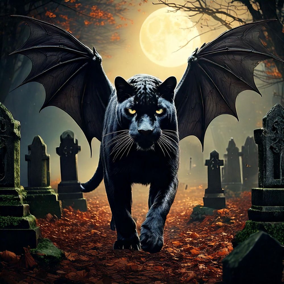 Firefly Ominous black panther with bat style wings walking in a Celtic graveyard 17269.jpg