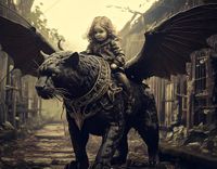 Firefly scary realistic black panther with bat style wings a child on its back in a gothic village; .jpg