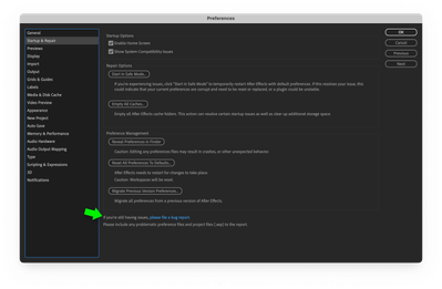 Pictured:  After Effects Preferences > Startup & Repair > Please file a bug report