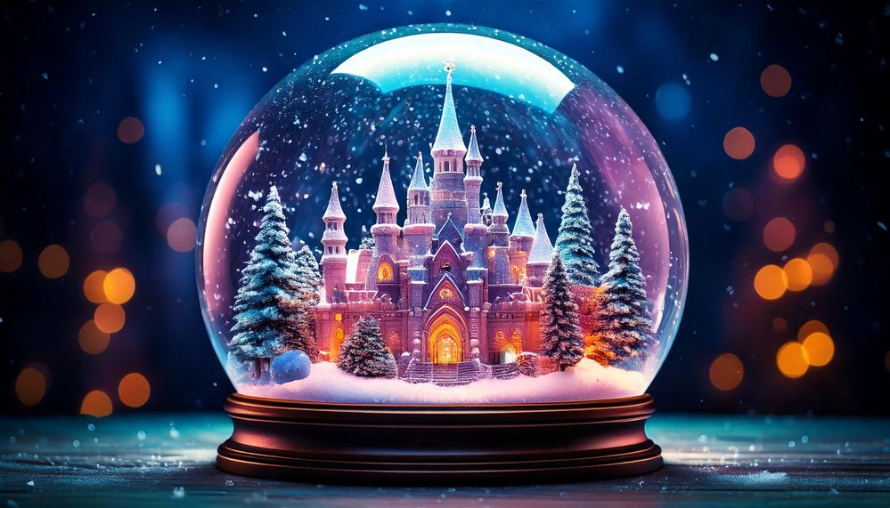 Firefly magical castle glowing, winter night, heavy snowfall, in snow globe 25670.jpg