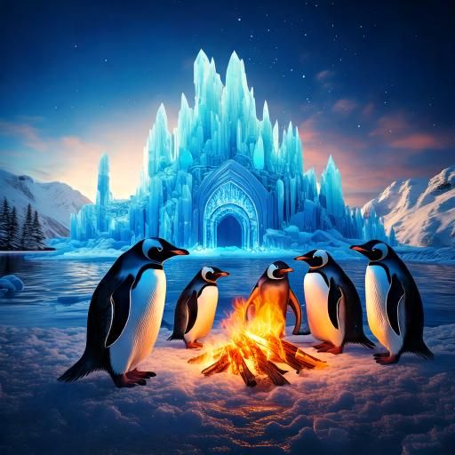 Firefly penguins standing around a fire with an ice palace in the background 88492.jpg