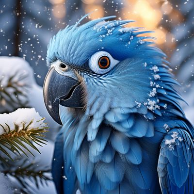 Firefly Norwegian Blue parrot. Beautiful plumage. Photographic, highly detailed. Nordic Winter scene.jpg