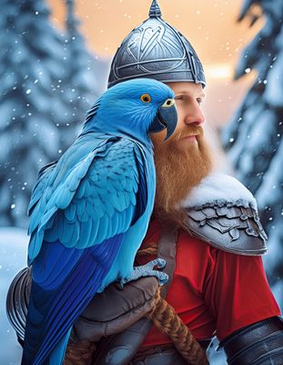 Firefly Norwegian Blue parrot perched on the shoulder of a viking. Beautiful plumage. Photographic,  (1).jpg