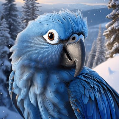 Firefly Norwegian Blue parrot. Beautiful plumage. Photographic, highly detailed. Nordic Winter scene (3).jpg