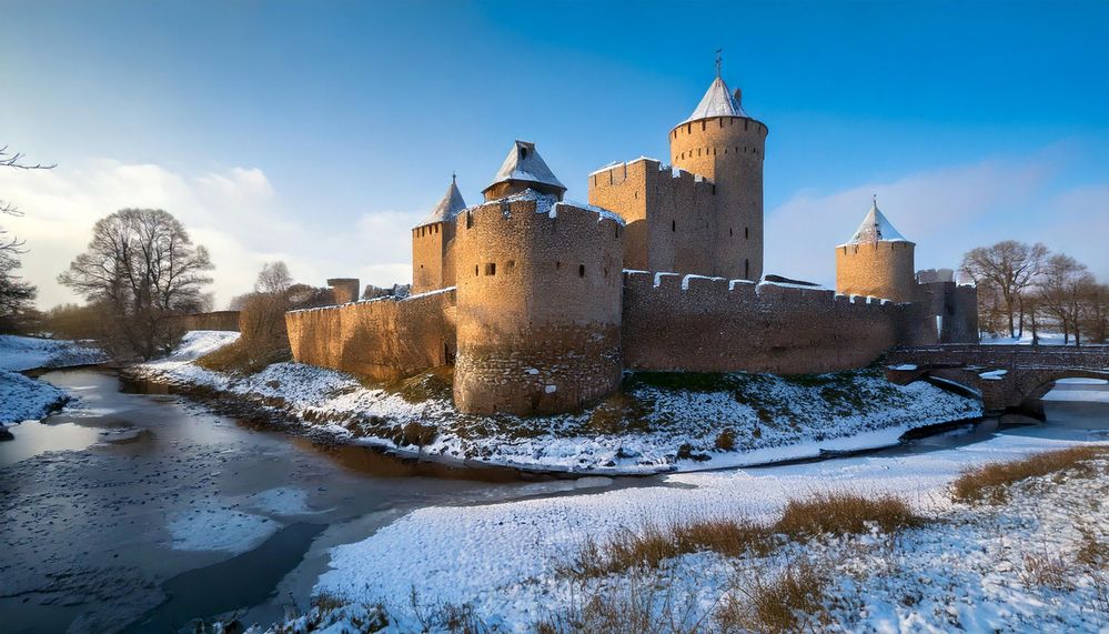 un château fort du moyen-âge, entouré de fossés, dans un paysage de neige et de glace 28399.jpg