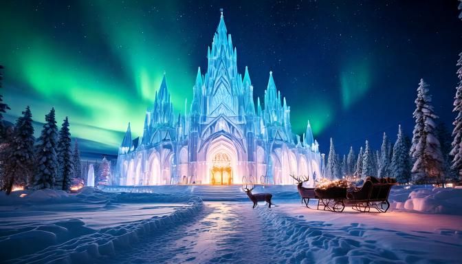 Firefly winter scene and a spectacular large ice palace with warm lights in the windows and an auror.jpg