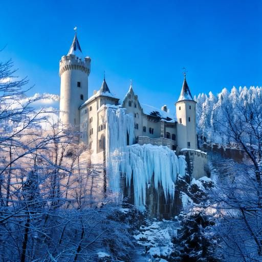 Firefly Neuschwanstein castle in Germany in Winter time adorned with icicles and glistening blue lik.jpg