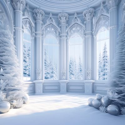 Firefly create a luxurious royal ice kingdom with snowy windows. white and silver colour palette 504.jpg