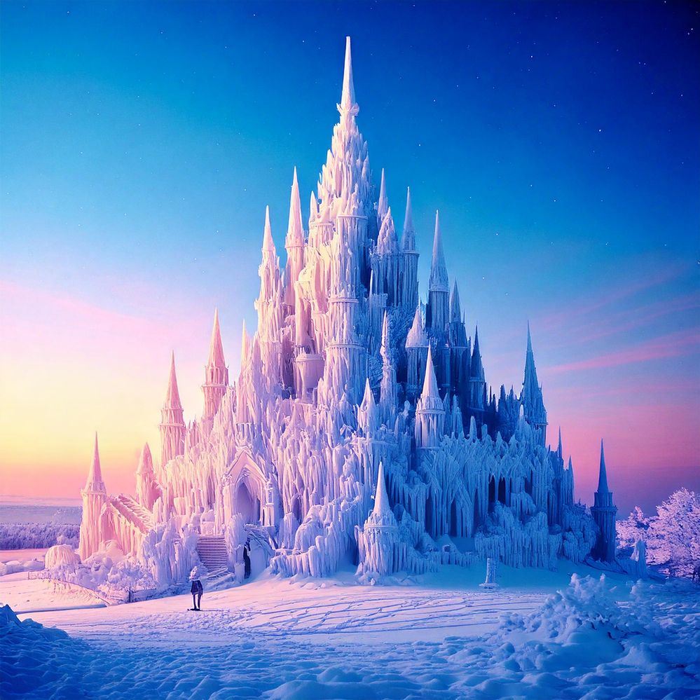 Firefly Create a stunning, majestic ice palace set in a vast, snow-covered landscape. The castle's t.jpg