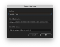 Premiere Pro: Export Markers dialog box set to Text File