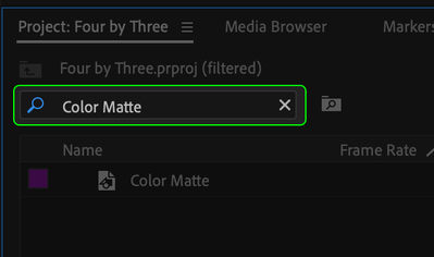 Pictured:  Premiere Pro Project panel filtered for "Color Matte"