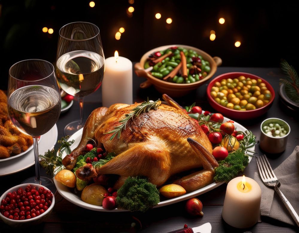 Firefly cozy candlelit table featuring a roast Turkey, vegetables, wine, water 64792.jpg