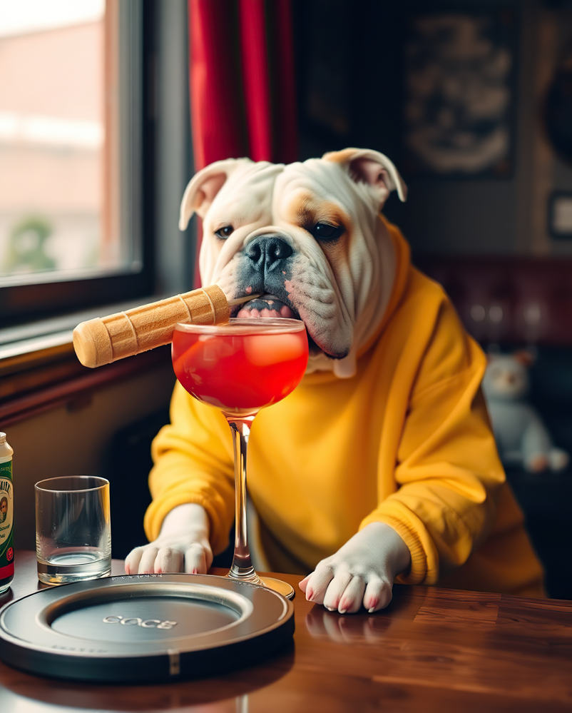 england bulldog in a yellow sweatshirt drinks.png