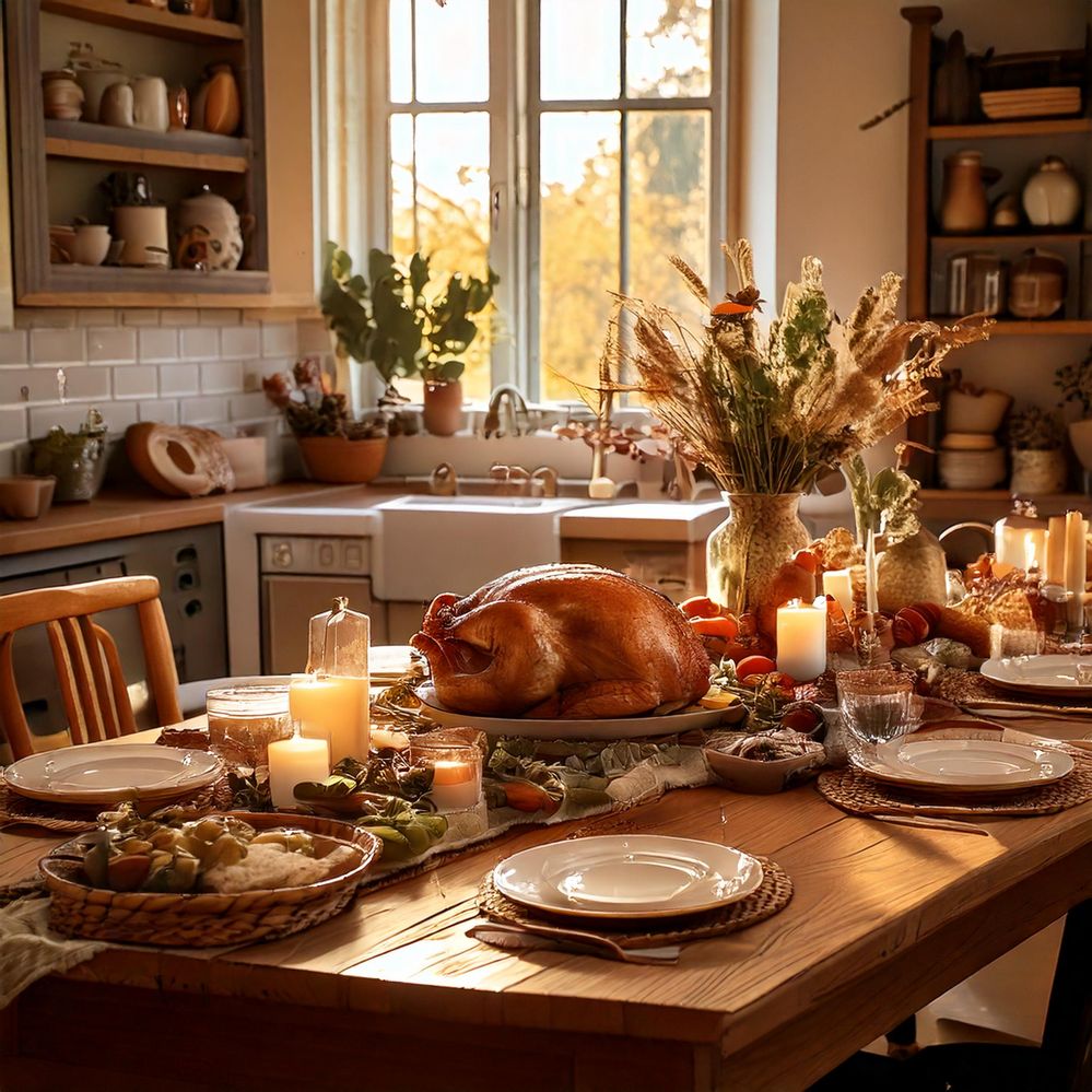 Firefly Create a countryside Thanksgiving scene in a cozy, inviting kitchen. The dining room is brim.jpg