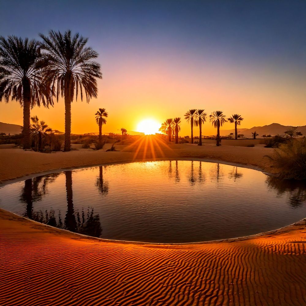 Firefly Imagine a peaceful oasis in the middle of a vast desert at dusk. The sun is just setting, pa (1).jpg