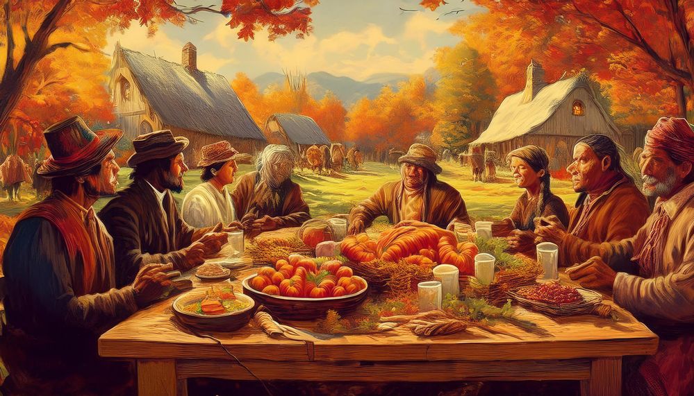 Firefly Autumn 1621. Wampanoag Indians and English settlers enjoy a feast to mark a successful harve.jpg