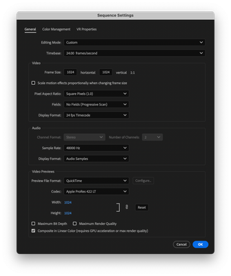 Pictured:  Custom Sequence settings for a 1024-by-1024 Sequence