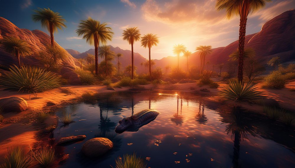 Firefly Peaceful oasis in a desert at dusk. The sun is setting in a starry sky and is reflected in a.jpg