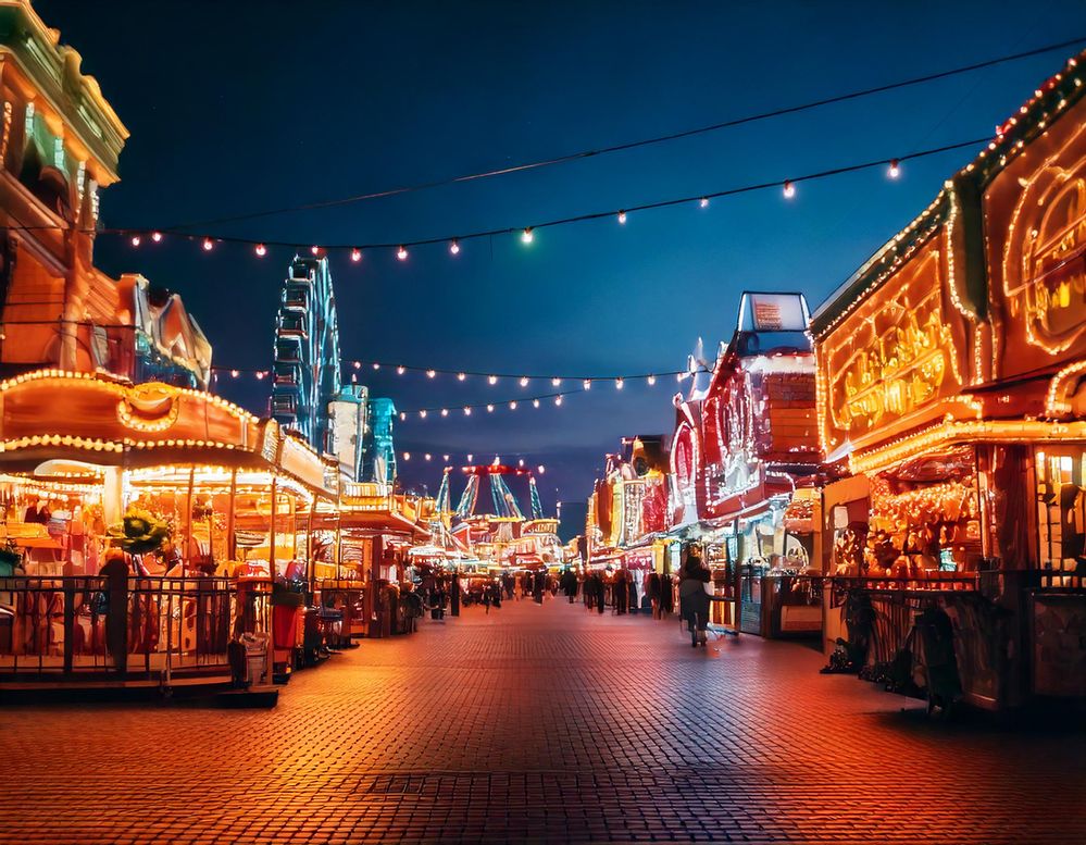 Firefly An evening view of a bustling street in an adventure park, featuring illuminated rides and c (2).jpg