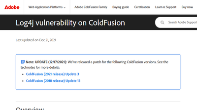 Updates listed on Log4j vulnerability KB article