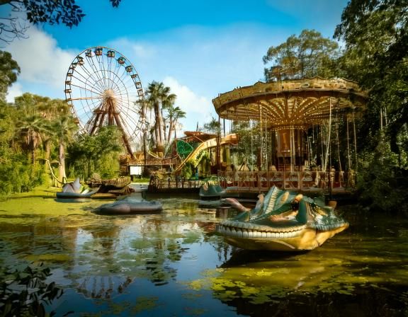 Firefly generate a fantastical amusement park in a swamp with alligators; include a carousel, a Ferr.jpg