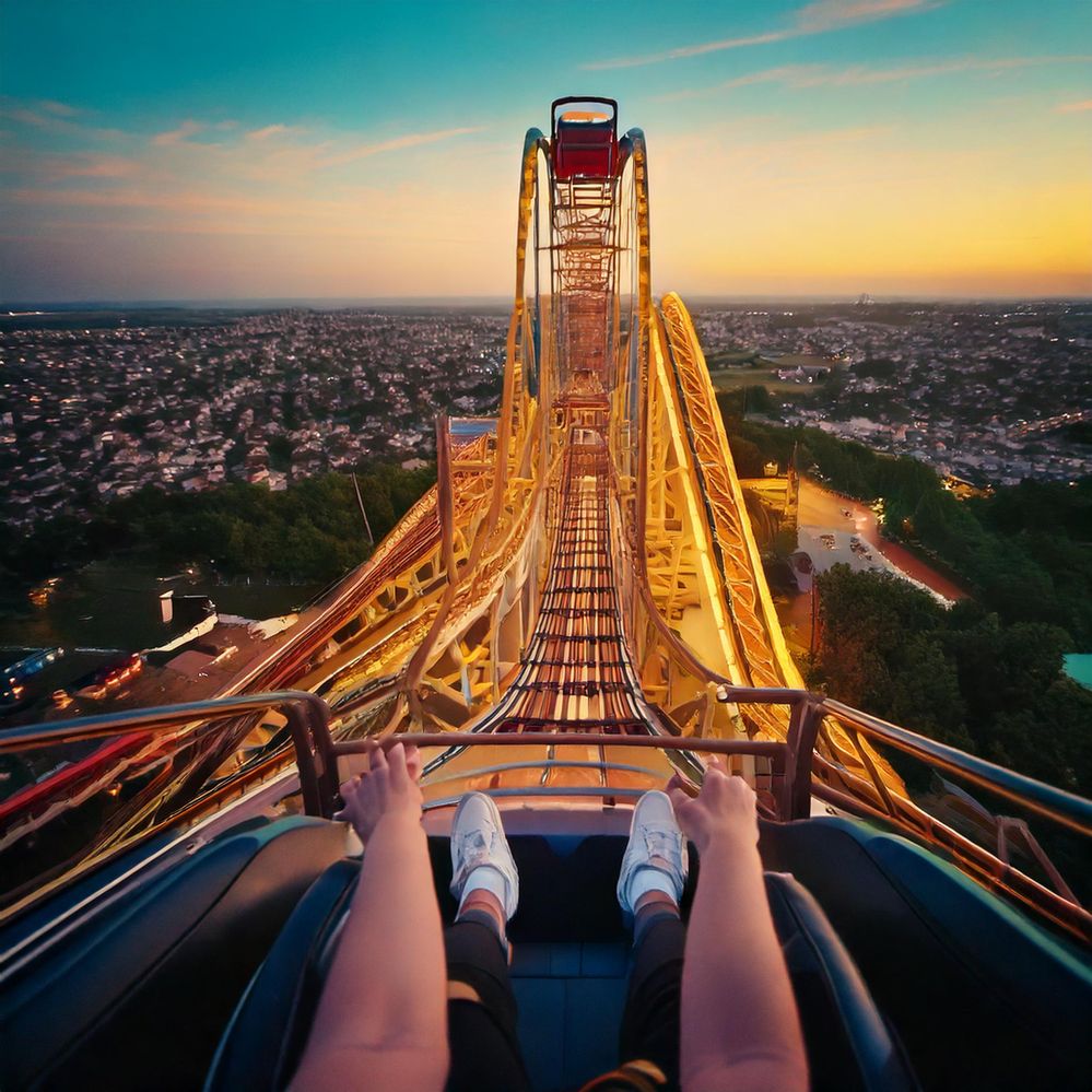 Firefly First person view in the rollercoaster onto the blinking lights of an amusement park hundred.jpg