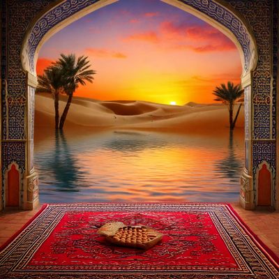 Firefly Sunset at beautiful desert oasis with green palsm and , lush blue water reflections, Persian.jpg