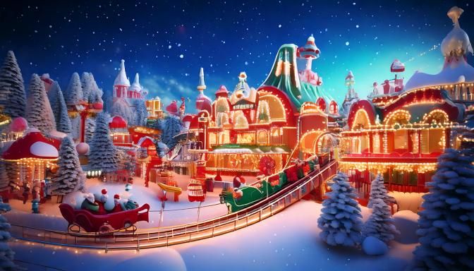 Firefly Highly detailed Christmas amusement park, Santa's sleigh rides, a roller coaster lite up wit.jpg