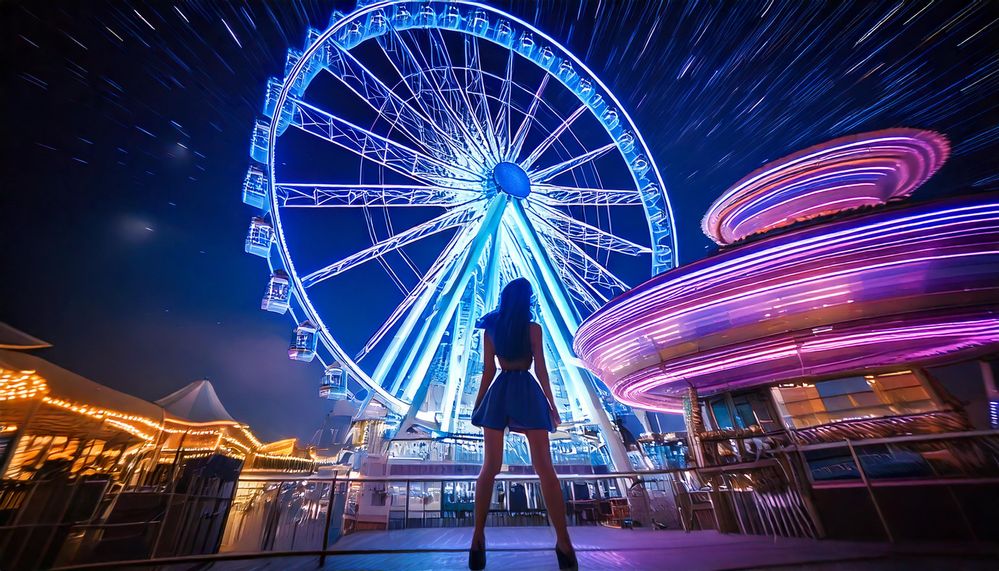 Firefly blue hair, anime dynamic pose standing in the middle of an amusement park Long exposure phot.jpg