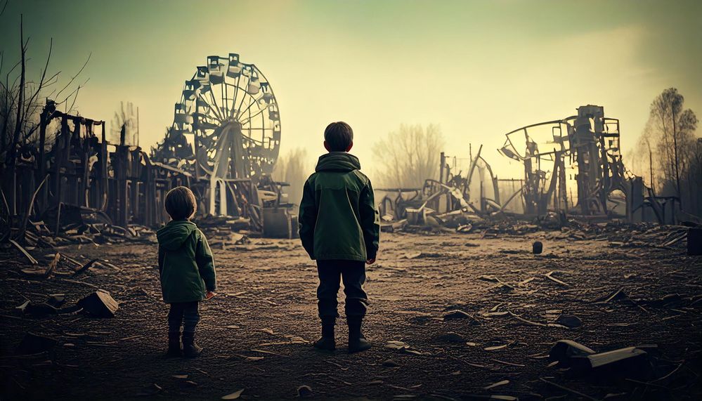 Firefly A post-apocalyptic theme park in ruins while a small boy and a girl with their backs to the .jpg