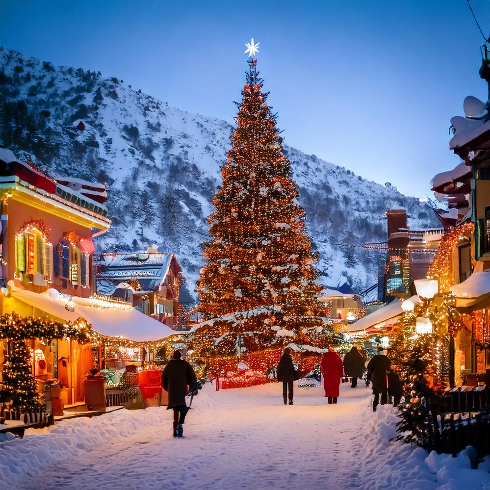 Firefly A charming, snowy Christmas village scene with cozy, colorful houses decorated with festive .jpg