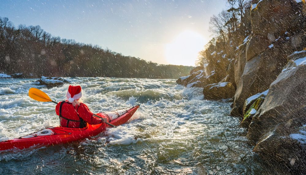 Firefly Santa Claus kayaking down class 5 rapids at Great Falls National Park on the Potomac River. .jpg