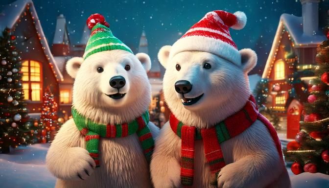 Firefly A magnificent couple of polar bears dressed for Christmas wearing elf hats a Christmas villa (1).jpg