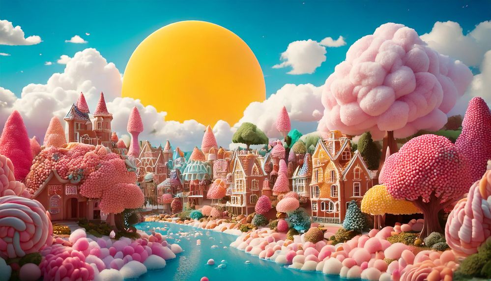 Firefly candy world made of cotton candy trees, wafer houses, lolipop sun, dragon beard clouds, nood.jpg