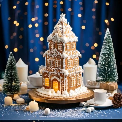 Firefly Imagine a square gingerbread double skyscraper adorned with white candies and crystal icing,.jpg