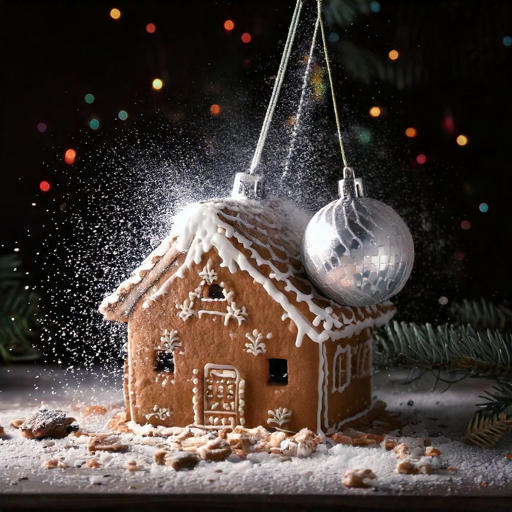 Firefly A wrecking ball made of sparkling silver tearing down a gingerbread house on christmas eve 5.jpg