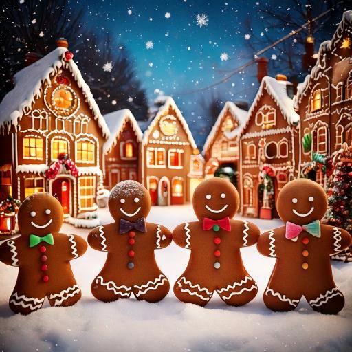 Firefly A few Gingerbread men in front of gingerbread houses in a snowy town square landscape 60281.jpg